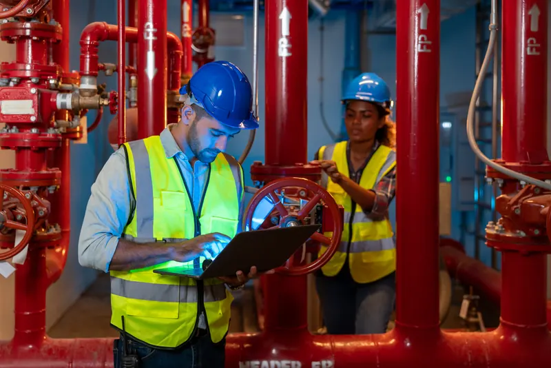 Two workers in hard hats checking a fire protection system