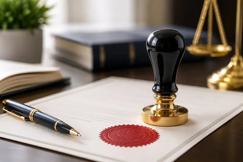 A notary's stamp and seal on a document