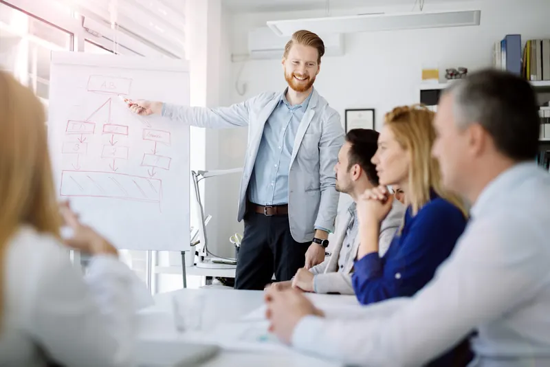 A trainer presenting to a small group