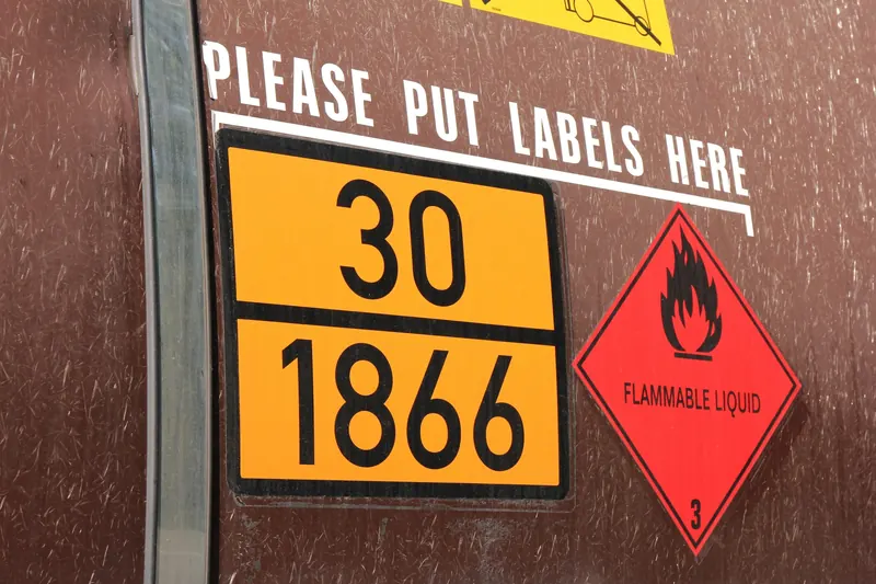 A dangerous goods placard with a UN number on a tank