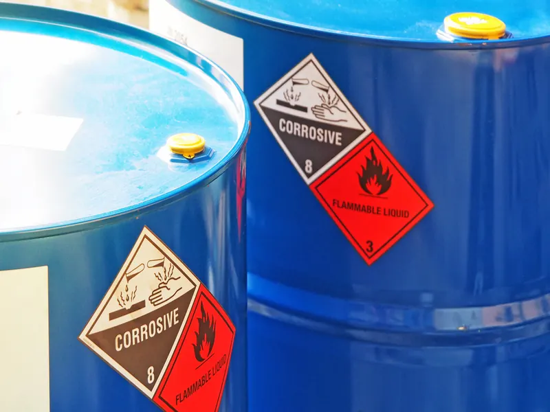 Blue chemical drums with corrosive and flammable WHMIS labels